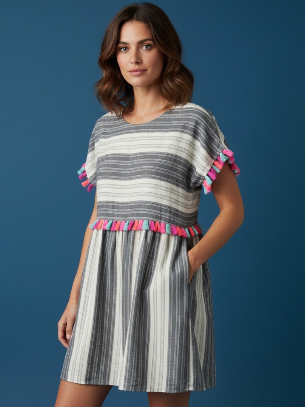 Savanna Jane Gray & White Striped Dress with Pink & Teal Tassels